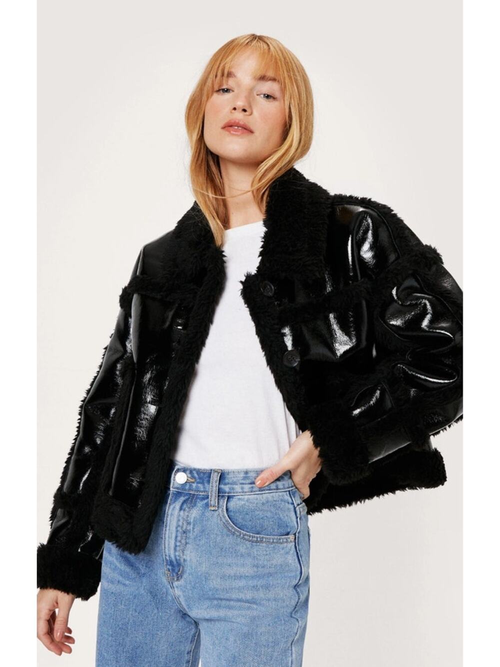 Nasty Gal Aviator Jacket Faux Fur Trim Shiny Black Modern Boxy Size 6 Womens